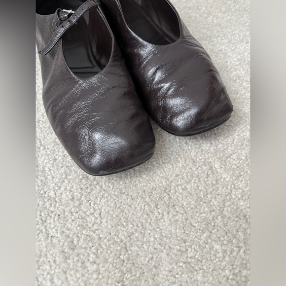 Massimo Dutti Dark Brown Leather Mary Jane Flats Square Toe Minimalist Shoe - Picture 3 of 11